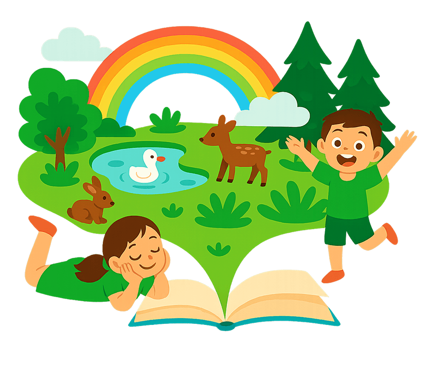 Children reading with magical book illustration featuring rainbow, nature, and adventure
